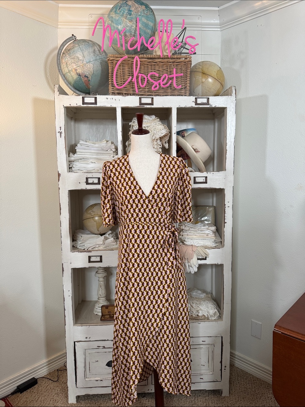 Retro Geometric Wrap Dress in Brown & Cream